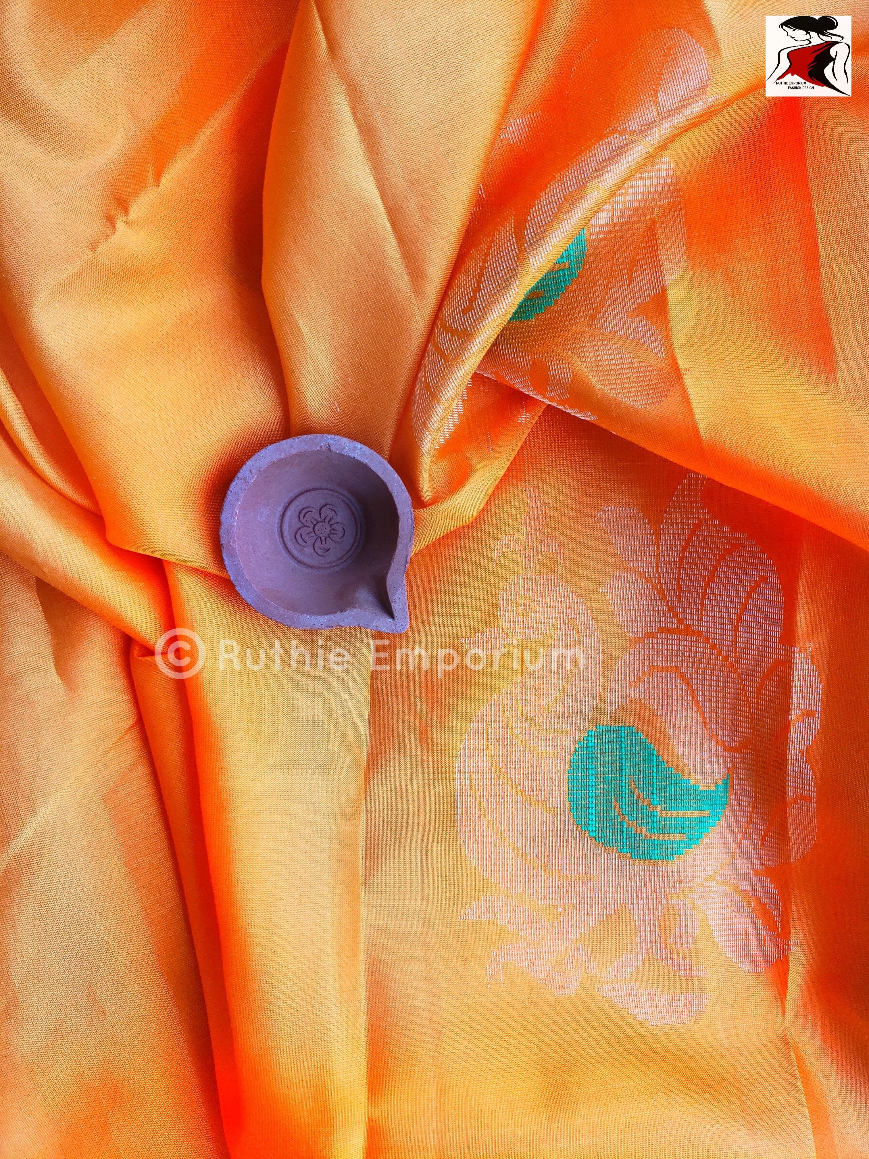 Orange with Green Kanchipuram Silk Saree Online Canada, USA
