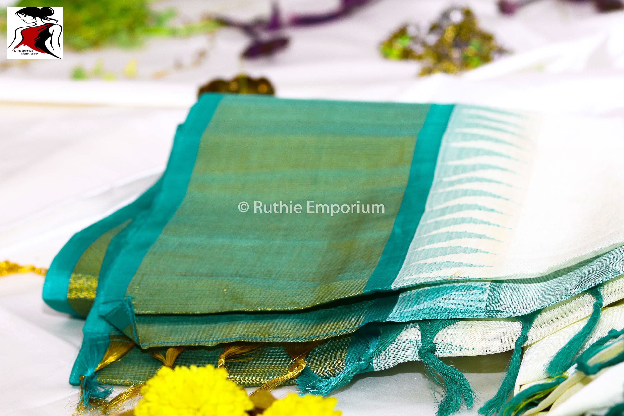 Cream with Aquamarine Kanchipuram Temple Korvai Saree Canada, USA