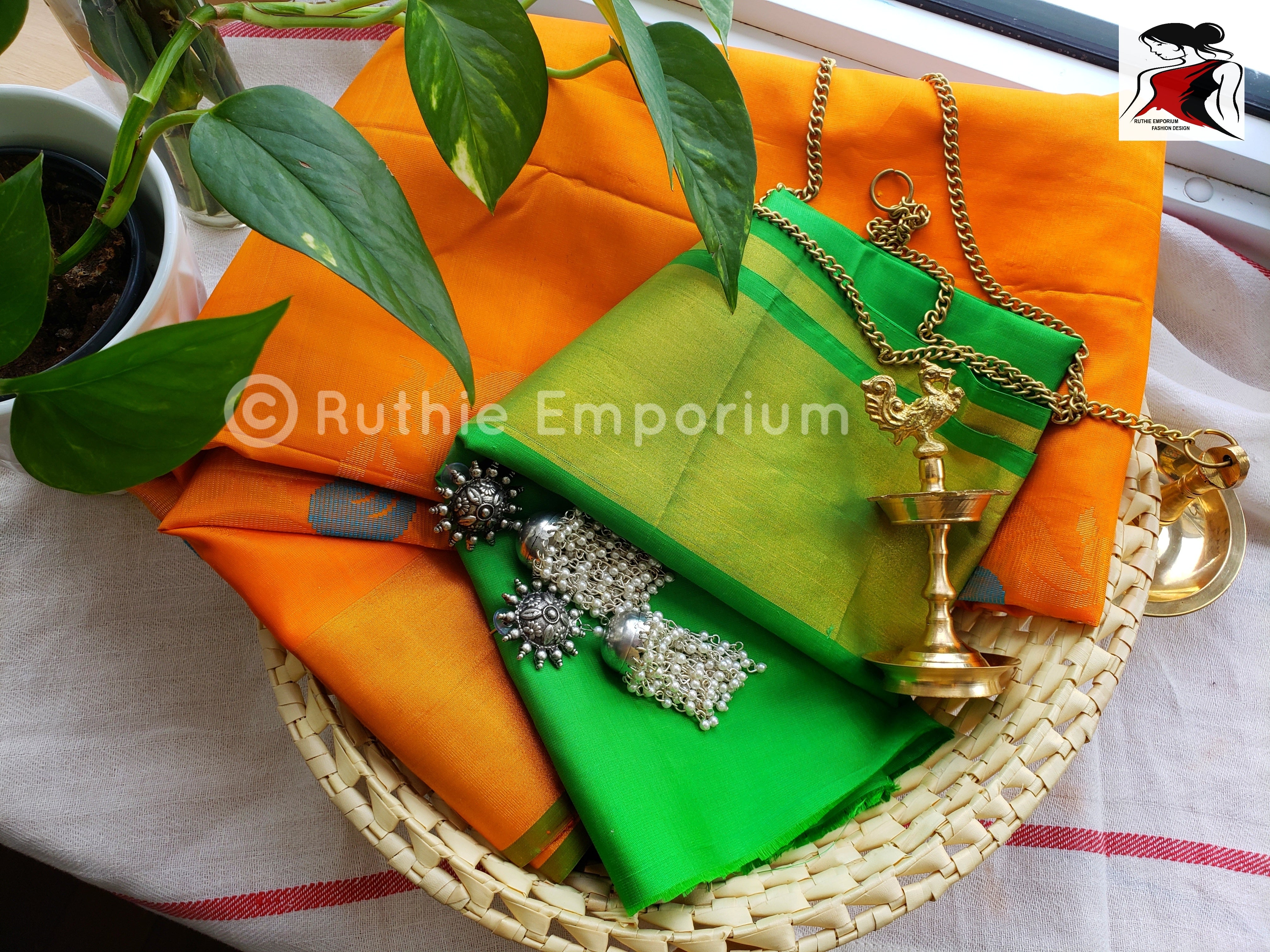 Orange with Green Kanchipuram Silk Saree Online Canada, USA