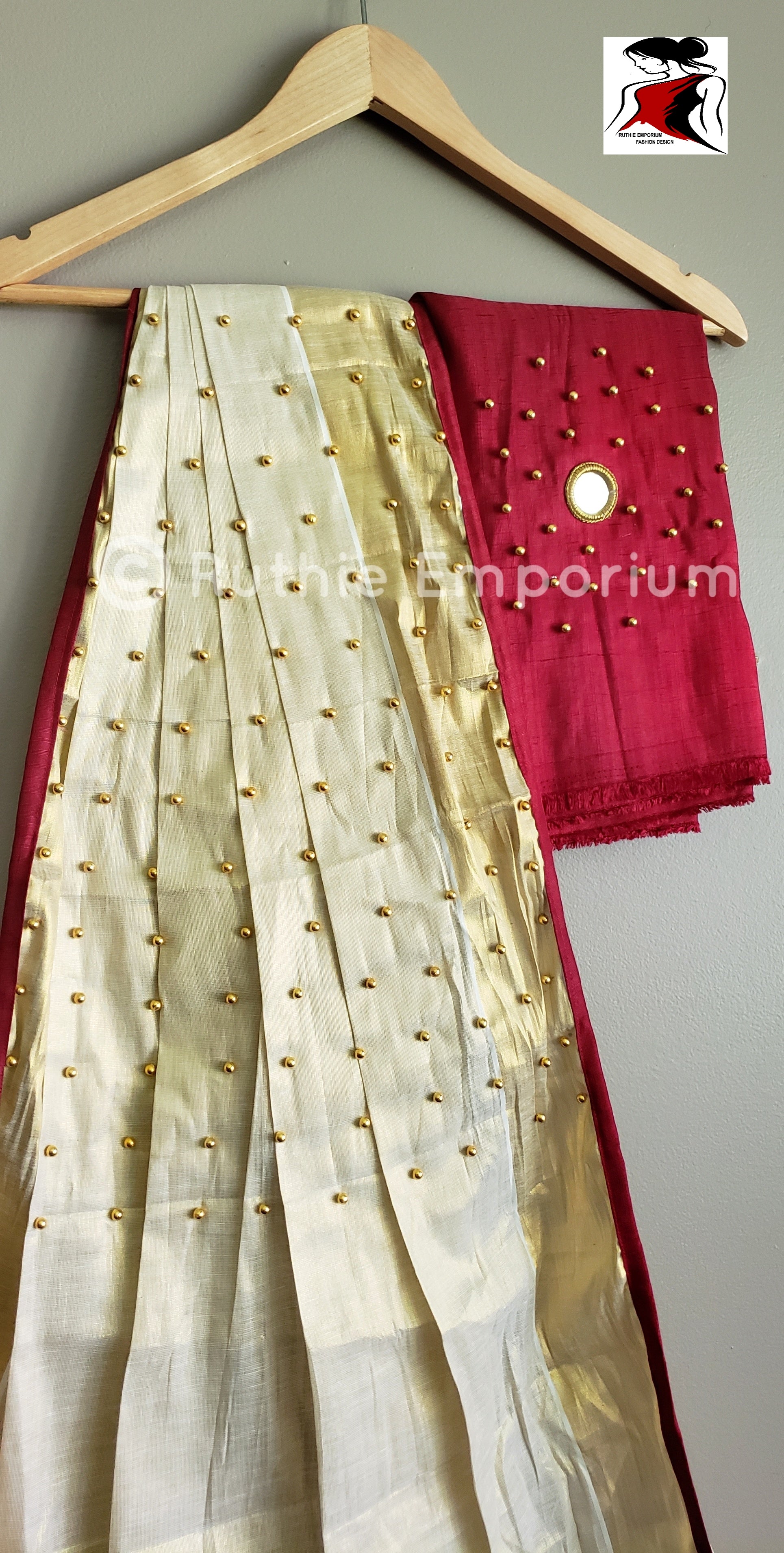 Kerala Gold Kasavu Half Saree With Bead Worked Blouse/ Kerala Half Saree -  Etsy