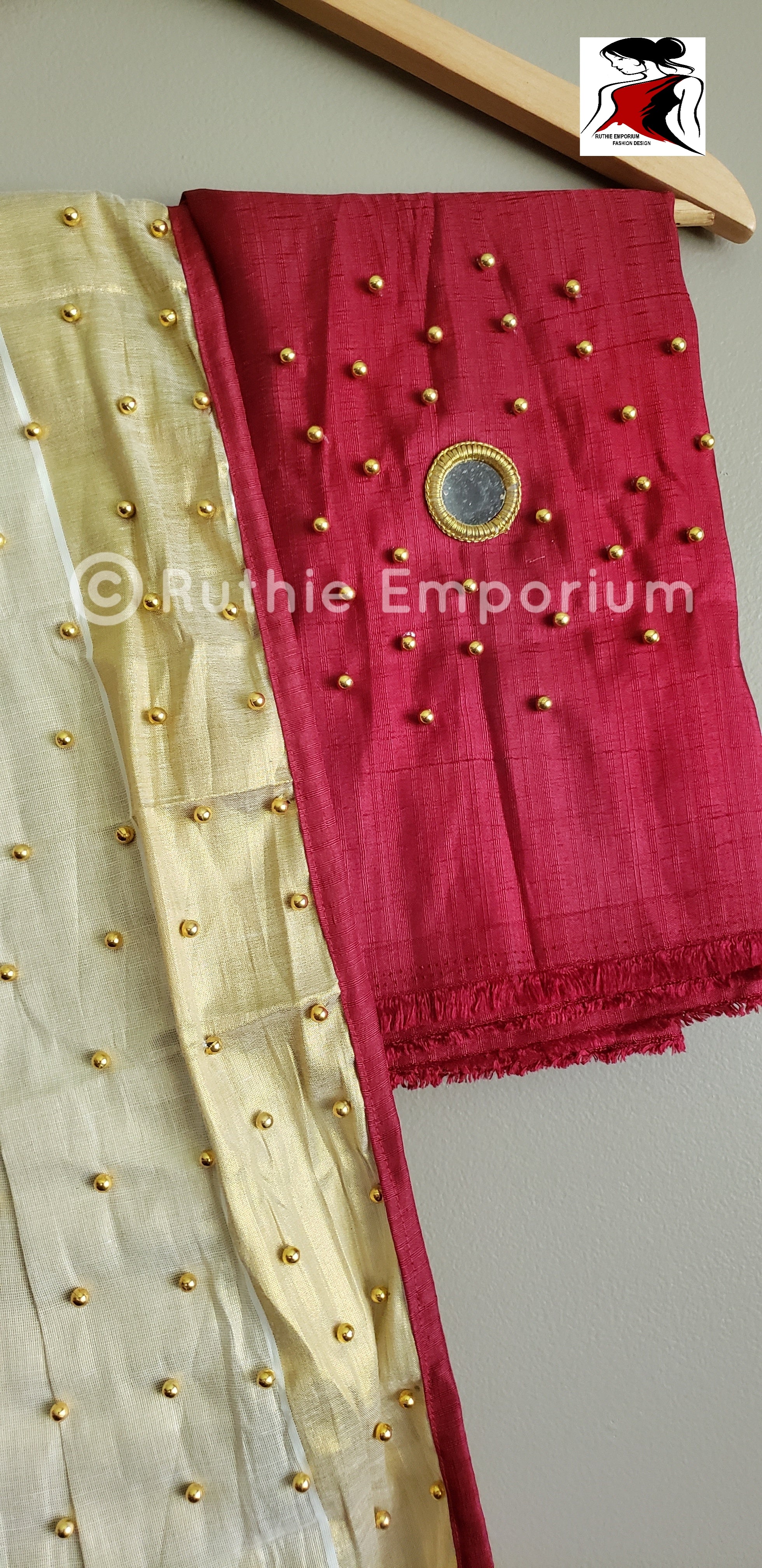 Kerala Gold Kasavu Half Saree With Bead Worked Blouse/ Kerala Half Saree -  Etsy Hong Kong